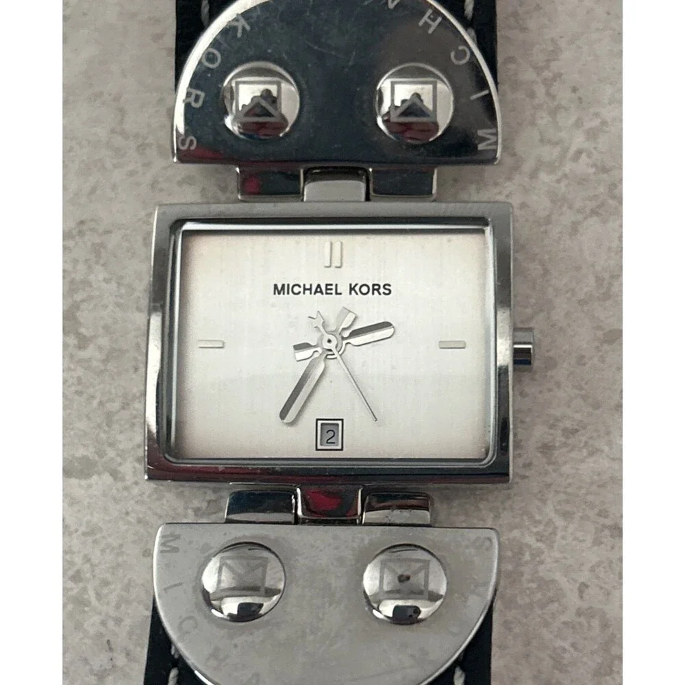 Michael Kors Women’s Rectangle Quartz Watch Silver Dial Black Leather Strap Date